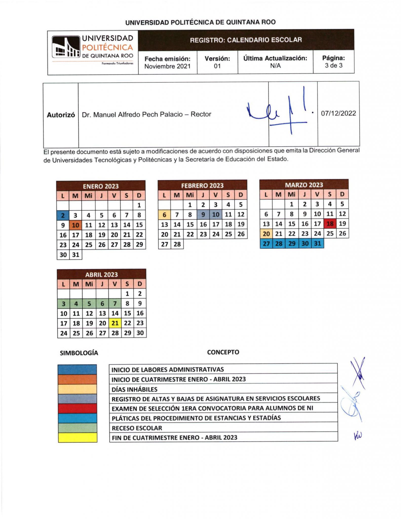 Calendario Escolar Universidad Politécnica de Quintana Roo